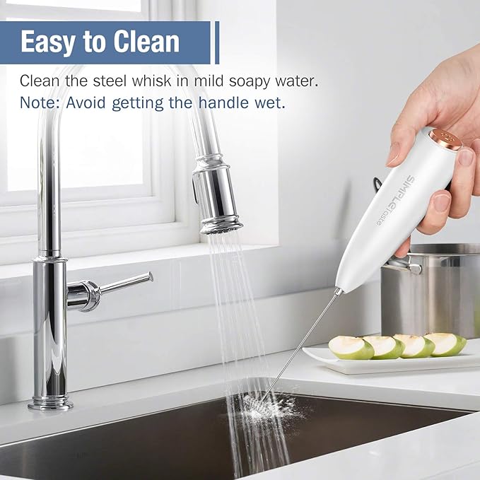 SIMPLETASTE Milk Frother Handheld Electric Foam Maker, Drink Mixer with Stainless Steel Whisk for Cappuccino, Bulletproof Coffee, Latte, White, with Stand, Battery Operated