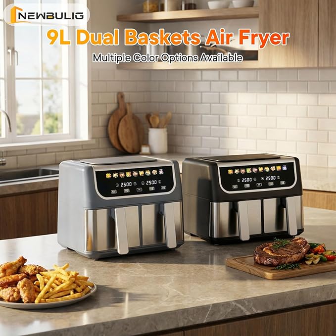 NEWBULIG Dual Air Fryer with 2 Baskets 9.5 QT, 10 in 1 Large Air Fryers with Ceramic Crisper Plate, Match Cook, Sync Finish, Shake Reminder, 80-450°F Wide Temp, Roast, Defrost, Dehydrate, Bake, Black
