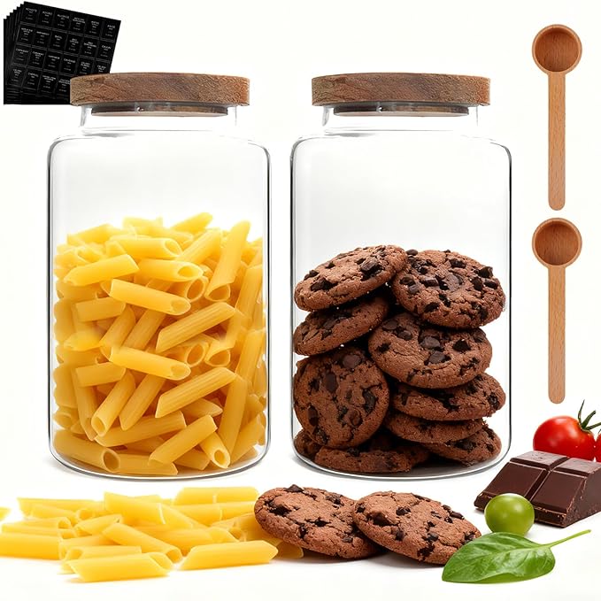 Glass Coffee Jar with Wood Lids Spoon Labels Clear Coffee Ground Canister set of 2,Borosilicate Glass Food Containers for Spice Cookies Sugar Tea Bar (2800ml/94oz-2 pack-with spoon)