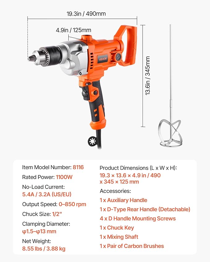 VEVOR Drill Mixer, 5/8 inch Corded Electric Drill Mixer Set, 0-850RPM 5.8A Mixing Drills, Mixing Drills Machine with D-Handle for Drilling & Blending, Handheld Cement Mixers for Fodder, Paint, Cement