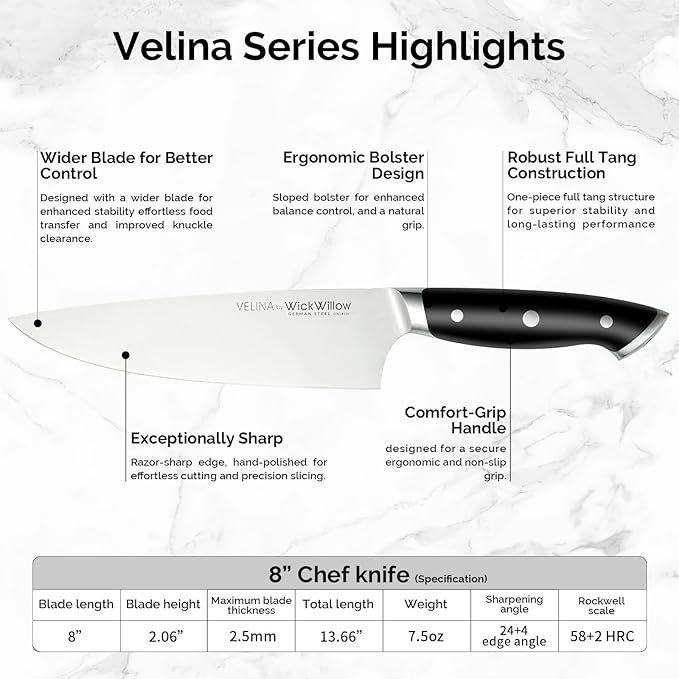 WICKWILLOW 8" Chef Knife – Razor Sharp German Steel – All-Purpose Kitchen Knife for Slicing, Dicing & Chopping – Full Tang & Ergonomic Handle – Gift Box – Velina Series
