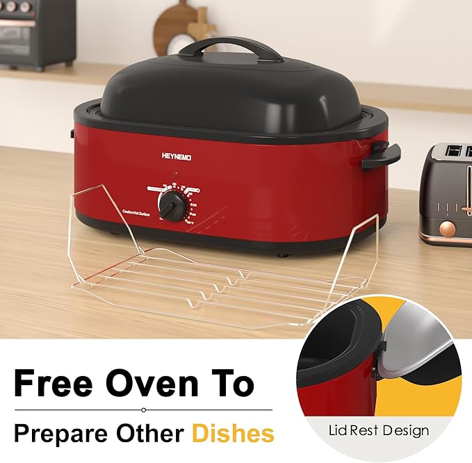 20 Quart Electric Roaster Oven with Self-basting Lid, Turkey Roaster Oven with Removable Pan and Rack, RED