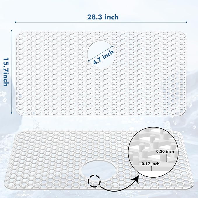 Bestjing Silicone Sink Protectors for Kitchen Sink with Rear Drain - 28.3"x 15.7" Non-Slip Heat Resistant Mat for Bottom of Farmhouse Stainless Steel Porcelain (White)
