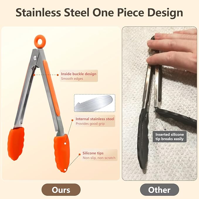 ForTomorrow 7 Inch Small Kitchen Tongs with Silicone Tips, Mini Serving Food Tongs Stainless Steel for Salad, Grilling, Frying and Cooking, 5 Pieces