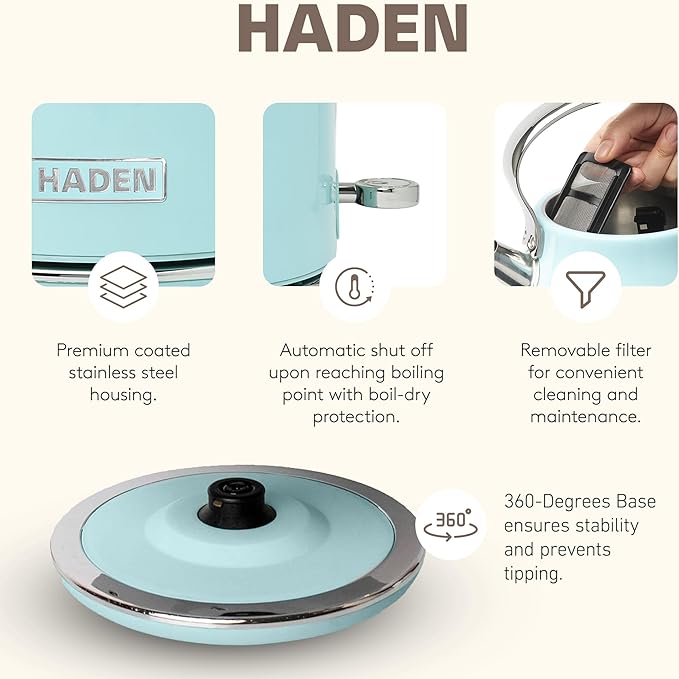 Haden Heritage 1.7 Liter Stainless Steel Electric Tea Kettle with Heritage 2 Slice Wide Slot Stainless Steel Bread Toaster, Turquoise