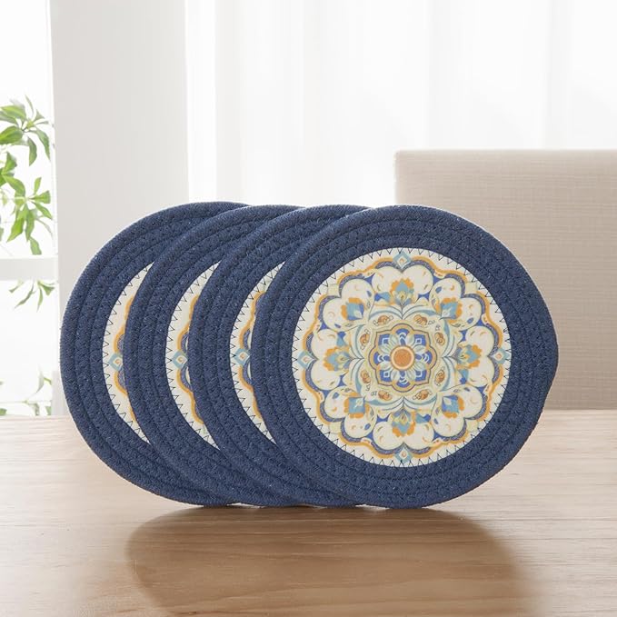 SHACOS 8 Inches Trivets for Hot Dishes, 4 Pieces Cotton and Felt Floral Pattern Trivet Mats for Kitchen, Hot Pads for Countertops and Table, Heat-Resistant Pot Holders for Hot Pots and Pans, Blue