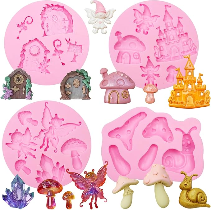 Fairy Garden Silicone Molds 4 Pcs, Mushroom House Fondant Mold, Door Snails Chocolate Mold for Cake Decoration Candy Cupcake Topper Cake Polymer Clay Crafts Epoxy Resin
