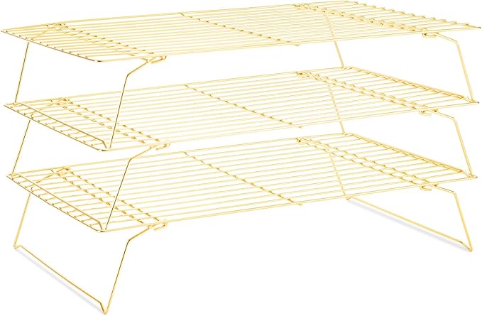 Cooling Rack for Baking 3 Tiers, 16" x 10" Cookie Cooling Wire Rack Stackable Collapsible Nonstick, Stainless Steel Baking Cooking Cooling Racks with Optimum Air Flow, Gold