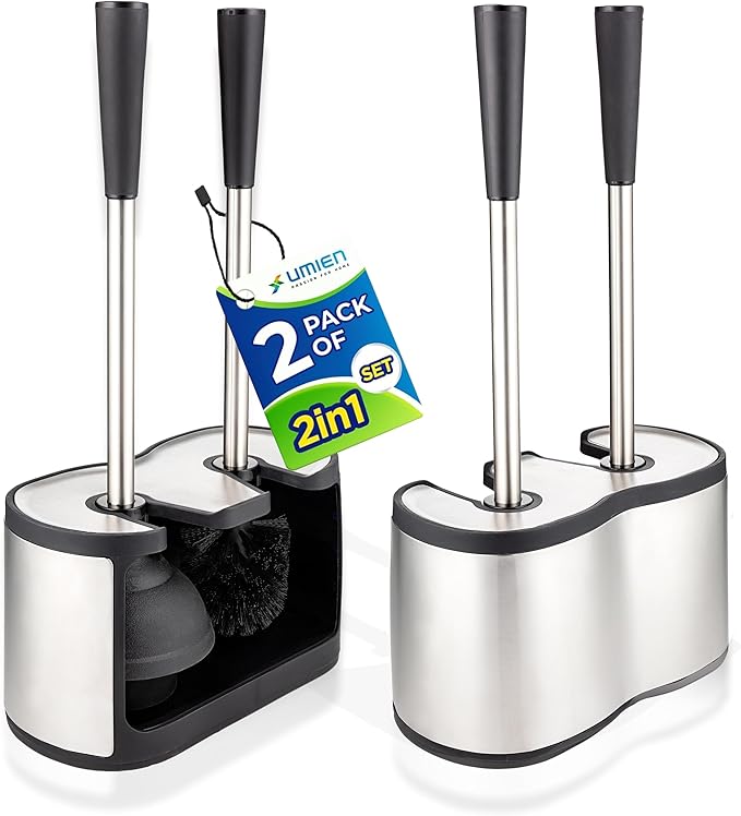 UMIEN 2 Pack Toilet Brush and Plunger Set 18-in - Updated 2025 No-Rust - Stainless Steel Design - Long Handles - with Freestanding Canister (Satin Nickel)