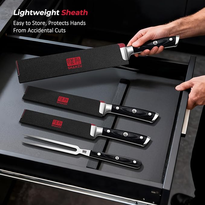 SHAN ZU 3Pcs BBQ Carving Knife Set with Sheath – for Turkey, Meat, BBQ, Brisket, Razor Sharp Slicing Knife, Professional 5Cr15MoV Stainless Steel, Ergonomic Full Tang Wood Handle, Gift Box Included
