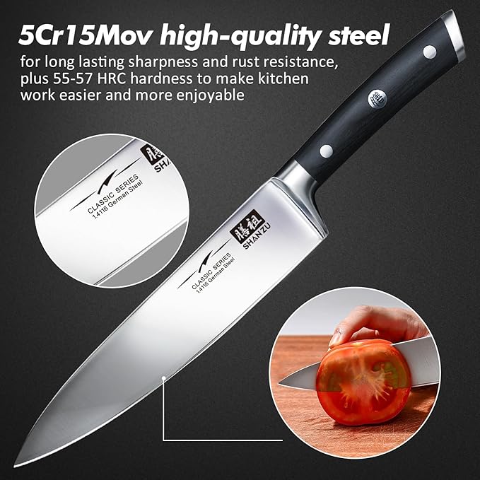 SHAN ZU Kitchen Knife Sets 3pcs, Professional German 5Cr15MoV Stainless Steel, High Carbon Steel Knives Sets, Ultra Sharp Ergonomic Wood Handle & Full Tang Design, Gift Box Included