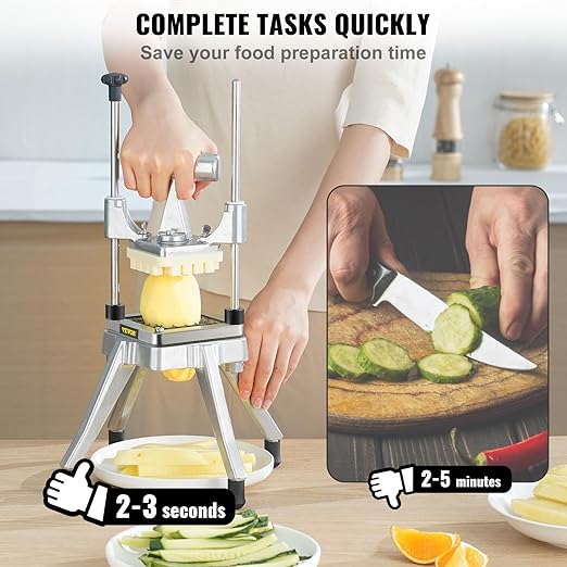 VEVOR Commercial Vegetable Fruit Chopper 3/8″ Blade Heavy Duty Professional Food Dicer Kattex French Fry Cutter Onion Slicer Stainless Steel for Peppers Potato Mushroom, Sliver