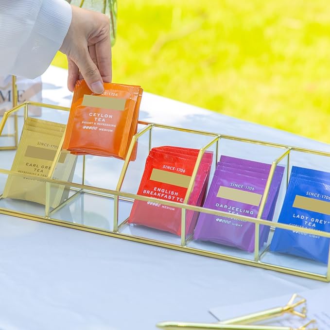 NCYP Glass Tea Bags Organizer with 5 Slots Compartments, Indoor Counter Top Display Case, Storage Box without Lid, Gold Teabag Storage Rack, Decor, 14.5 x 3. 6 x 3.6 Inches (Glass Box Only)