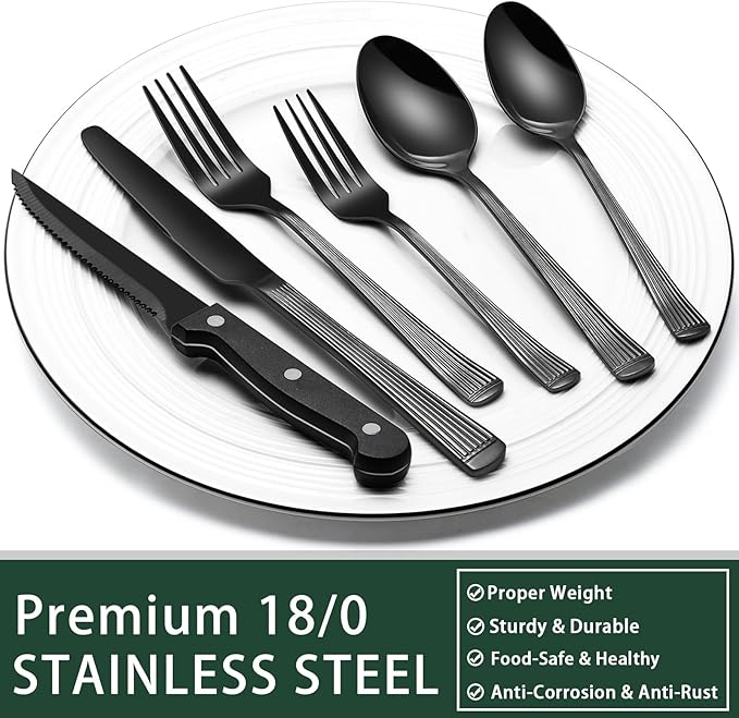 EWFEN 24-Piece Black Silverware Set with Steak Knives, Black Flatware Set for 4, Food-Grade Stainless Steel Tableware Cutlery Set, Mirror Finished Utensil Sets for Home Restaurant, Roman Column