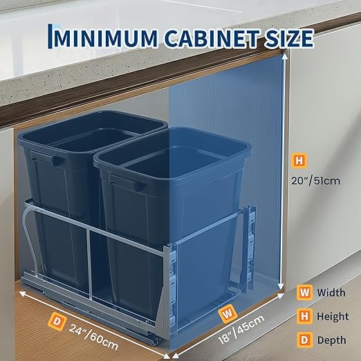 2 x 10 Gal Pull Out Trash Can Under Cabinet, Under Sink Garbage Bin Kit with Soft-Close Slides, Recycling and Waste Combo for Kitchen, Laundry | Requires Minimum Cabinet Opening 18" W x 24" D