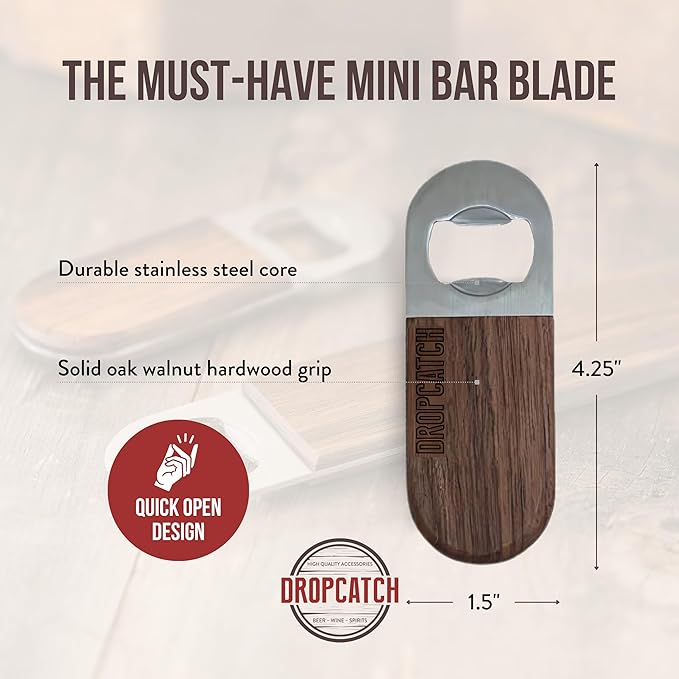 Dropcatch Handheld Bar Blade Bottle Opener | Flat Beer Cap Bottle Opener | Durable Bartender or Home Tool | Heavy Duty Stainless Steel & Walnut Finish | Mini 4.25” x 1.5”