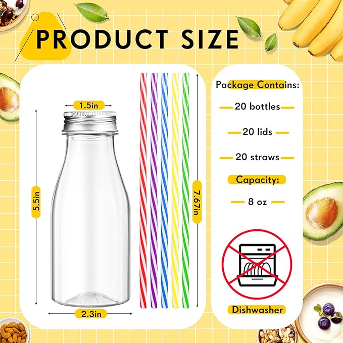 Yinkin 20 Sets Plastic Milk Bottles with Straws Lids Clear Plastic Containers for Dairy Milk Party Bottle for Juices Shakes Smoothies (8 oz,Summer Color)