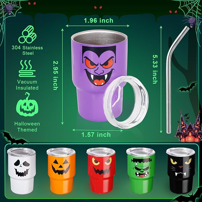 6 Pack 3 oz Halloween Shot Glasses Mini Tumblers with Straw and Lid,Pumpkin Ghost Vampire Devil Halloween Party Spooky Shot Cups Stainless Steel Vacuum Insulated Mini Cups for Cocktail Party
