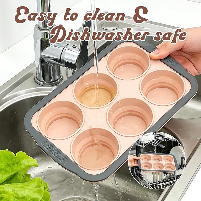 Silicone Muffin Pans for Baking with Metal Frame, 6-Cup Silicone Muffin Pan, Non-BPA Nonstick Coating, Easy Release & Clean, Oven & Dishwasher Safe, Versatile for Baking, Custards & Cupcakes(Pink)