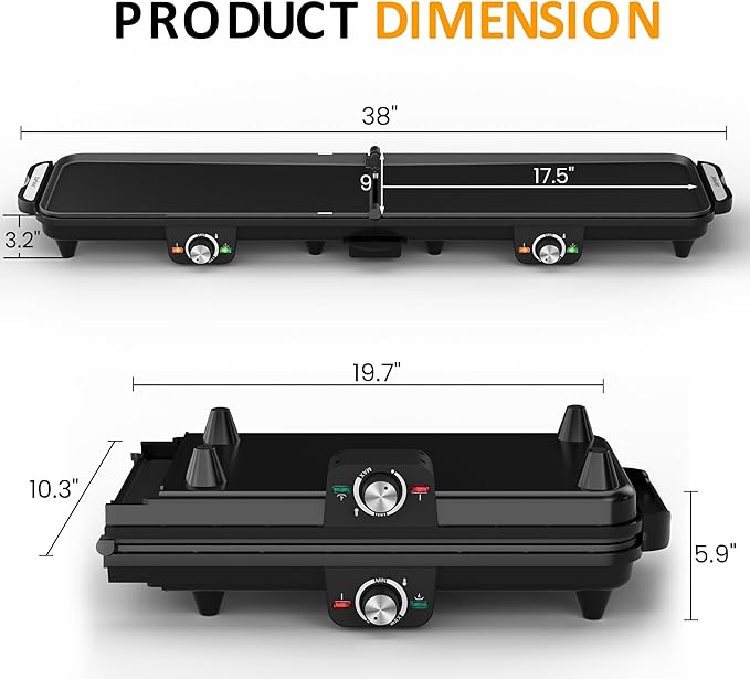 Sunvivi Large Electric Griddle 38'' x 9'', 1600W Indoor Grill with 2 Adjustable Temp Knobs, Even Heating, Nonstick Plate, Foldable Electric Grill Pan Indoor with Drip Tray, Easy to Clean