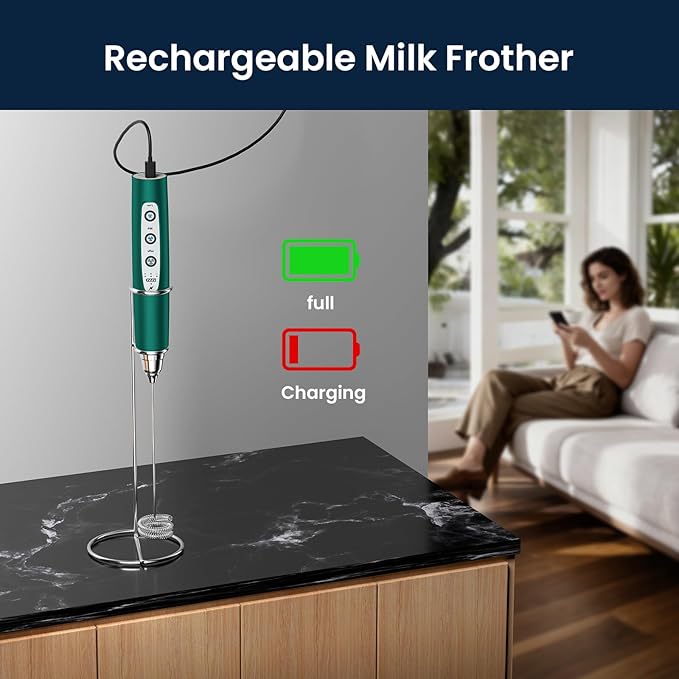 Sakgos Milk Frother with Stand-Rechargeable Handheld Coffee Frother with 3 Stainless Whisks 3 Speed Adjustable, Electric Whisk Drink Mixer, Foam Maker Blender for Matcha Latte Cappuccino Chocolate