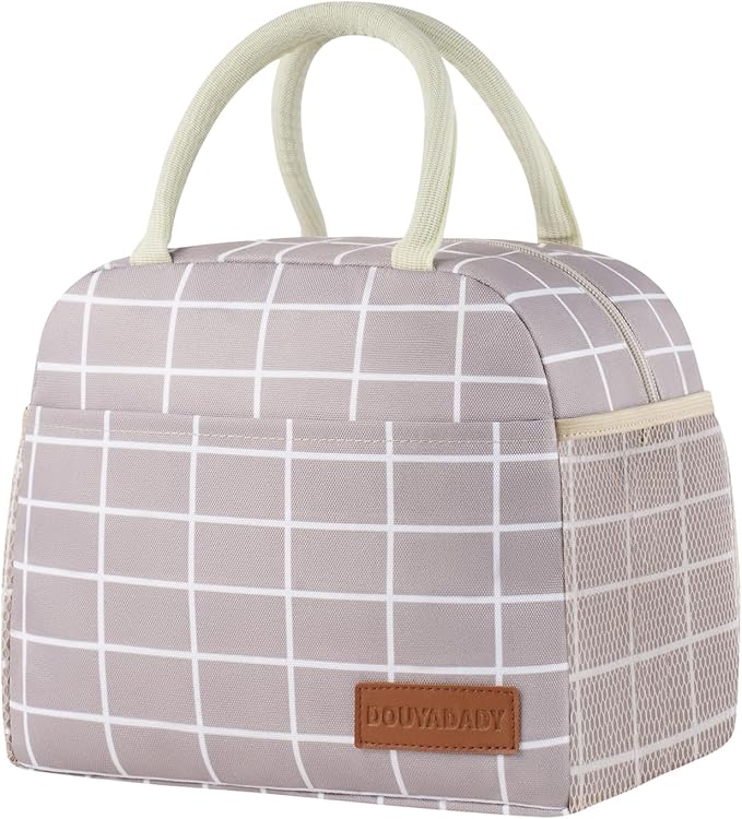 douyadady Lunch Bag Women/Men Lunch Box Women/Men (Grey+White Blocks)