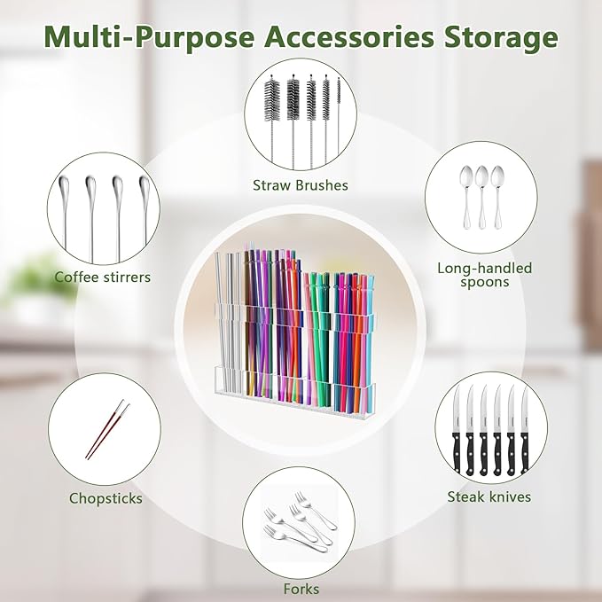 Acrylic Straw Holder for Cabinet Door - Reusable Tumbler Straw Organizer Storage, Small Kitchen Accessories Container, Ultra Sticky Cupboard Door Mounted (Transparent, Large 9.5" (Most Cabinets))