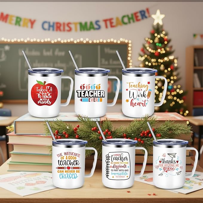 Maxcheck 6 Pcs Christmas Teacher Appreciation Gifts Mugs Bulk 16oz Thank You Teacher Stainless Steel Tumblers Inspirational Insulated Coffee Cups with Handle Lids Straw for Women Birthday Gifts