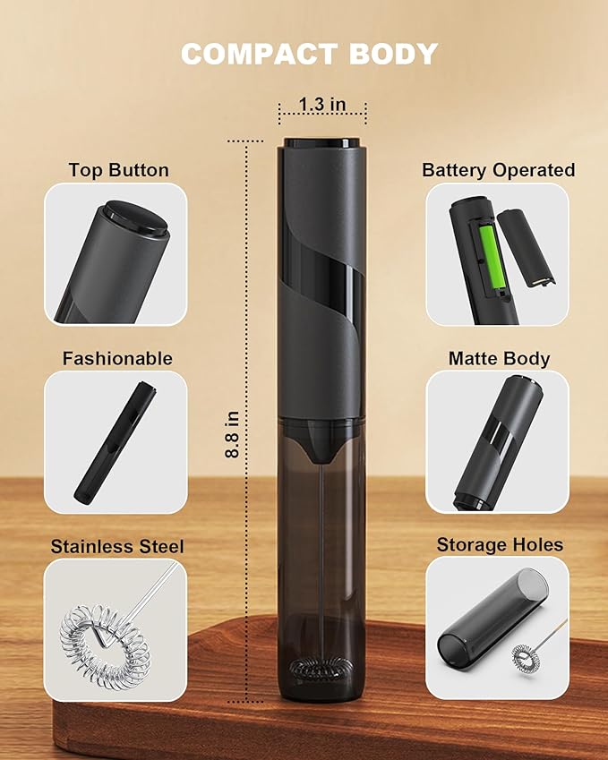 Handheld Milk Frother with Cover, Battery Powered Electric Drink Mixer (2AA Not Included) - Portable Hand Frother Wand for Coffee Matcha Cappuccino & Hot Chocolate