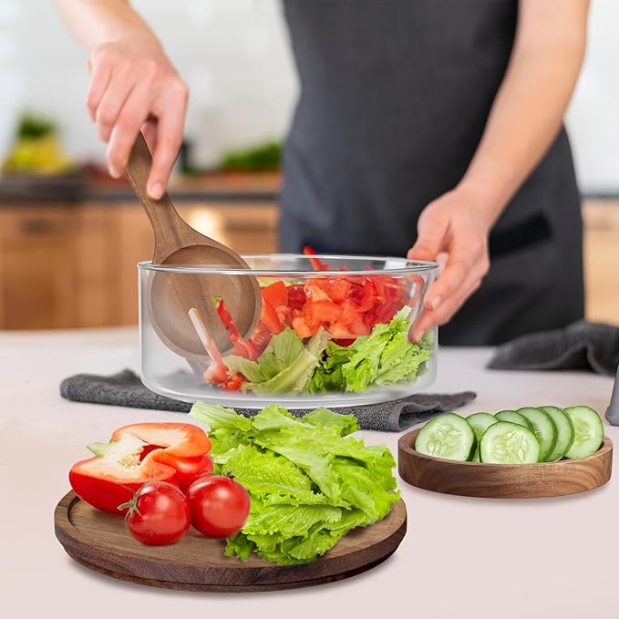 Large Glass Salad Bowls, Salad Bowl Set for Party with Acacia Wood Base and Lid and Salad Serving Utensils, Elegant and Practical Salad Bowls for Kitchen Essentials