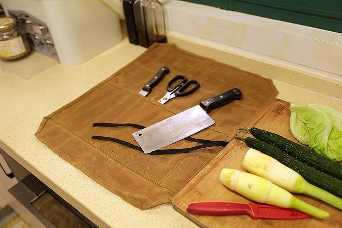 Denifiter Knife Cases Organizer-Durable 16OZ Waxed Canvas Knife Roll Construction-7 Pockets - (Khaki)
