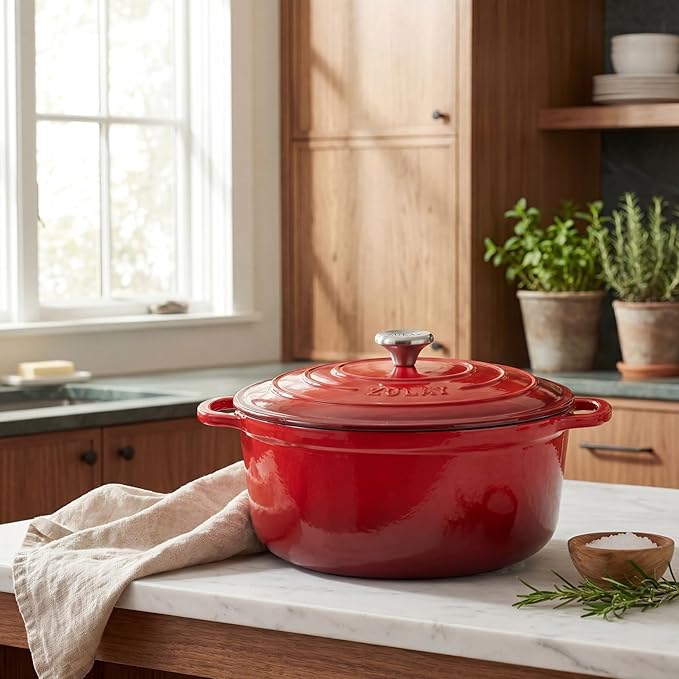 Zulay Kitchen 5 Quart Enameled Cast Iron Dutch Oven Pot with Lid – Premium Durability & Oven Safe up to 500°F – Heavy Duty Cookware Perfect for Bread Baking, Stews, Braising & Roasting – Ablaze Red