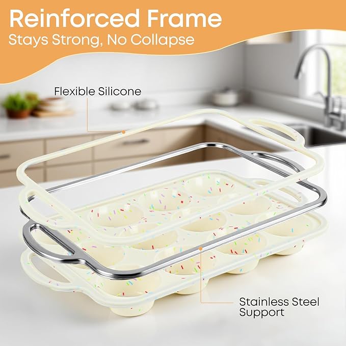 2-Pack 12-Cup Silicone Cupcake Pan, Nonstick Flexible Muffin Pan, Dishwasher Safe Muffin Tray with Handles, Seamless Silicone Muffin Tin for Baking Egg Bites & Cupcakes