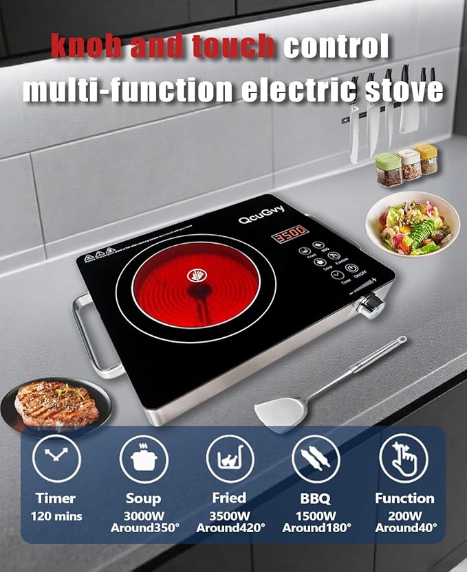 14" Portable Infrared Burner 3500 Electri Burner with 3 Hours Timer-Electric Hot Plate Touch Control Panel Adjustable Heating Power Glass Plate Electric Cooktop for Cooking (Black)
