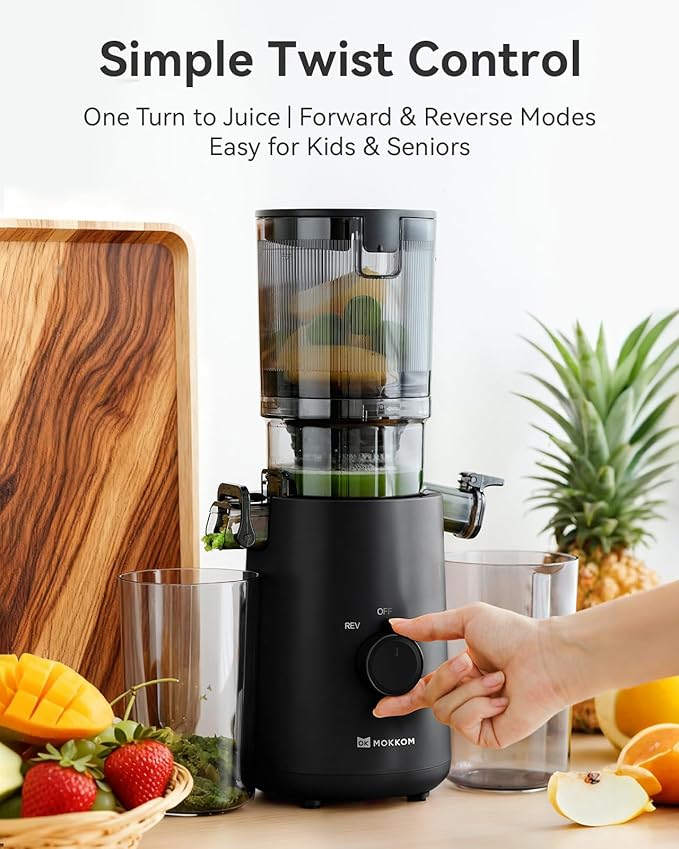 MOKKOM Cold Press Juicer, Updated Large Feed Chute Juice Extractor Machine, High Juice Yield, Slow Masticating Juicer Fit Whole Fruits Vegetables, Black