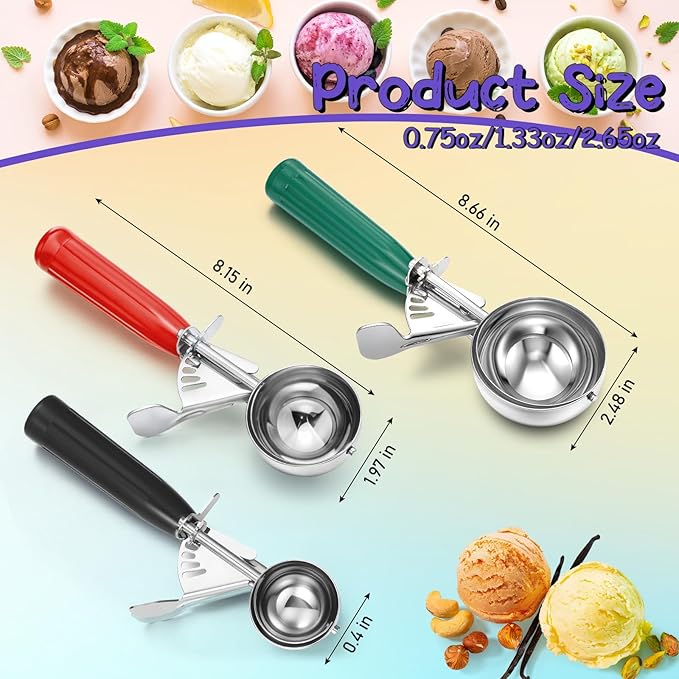 Reallnaive 3 Pcs Release Cookie Scoops Ice Cream Scooper with Trigger Release Portion Scoop Stainless Steel for Portion Control, Baking Food, Cookie Dough (2.65 Oz+1.33 Oz+ 0.75 oz,Green,Red,Black)
