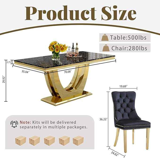 Marble Dining Table Set for 6,70" Black Faux Marble Kitchen Tables and Velvet Chairs for 6,7 Piece Luxury Dining Room Table Set and 6 Upholstered Chairs with Gold Stainless Steel Bases