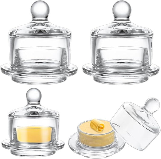 4 PCS Clear Glass Butter Dish with Lid Mini Butter Cloche Clear Small Butter Dish with Cover Glass Butter Keeper with Lid and Handle Crystal Butter Serving Container for Candy, Dessert, Jam