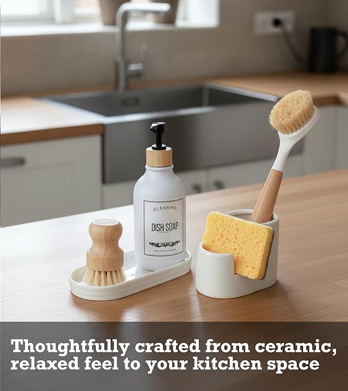 3 in 1 Ceramic Sponge&Brush Holder and Soap Tray Set, Leak-Proof Design to Keep Countertops Dry, Flexible Modular Placement, Modern Minimal Sink Organizer for Kitchen & Bathroom Countertop, White