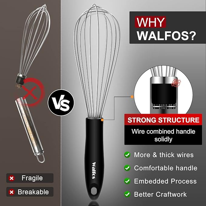 Stainless Steel Wire Whisk Set - 3 Packs Balloon Whisk, Thick Wire Wisk ＆ Strong Handles, Egg Frother for Cooking, Blending, Whisking, Beating and Stirring (7"+9"+11")