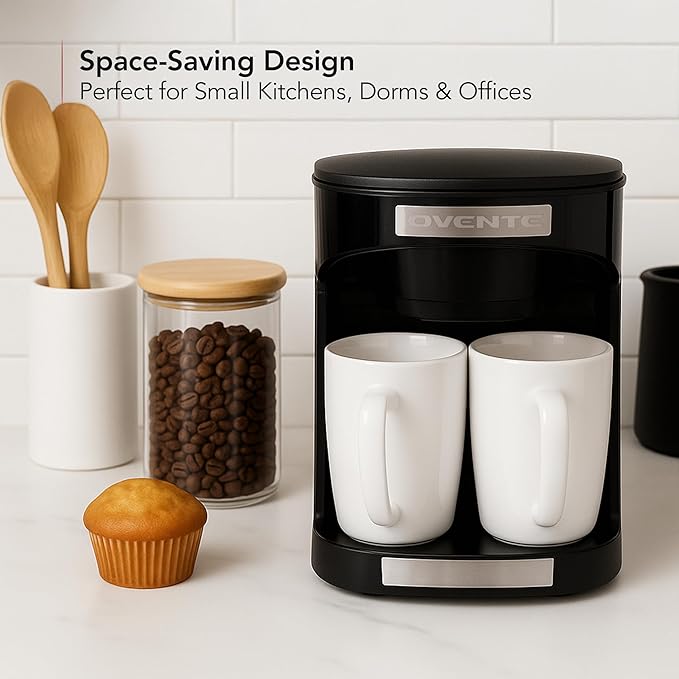 OVENTE Double Drip Coffee Maker with 2 Ceramic Mugs and Auto Shut Off, Small Dual Drip Coffee Maker Machine Works with Ground Coffee Only, Compact Kitchen or Office Essential, Black CMDD2MB