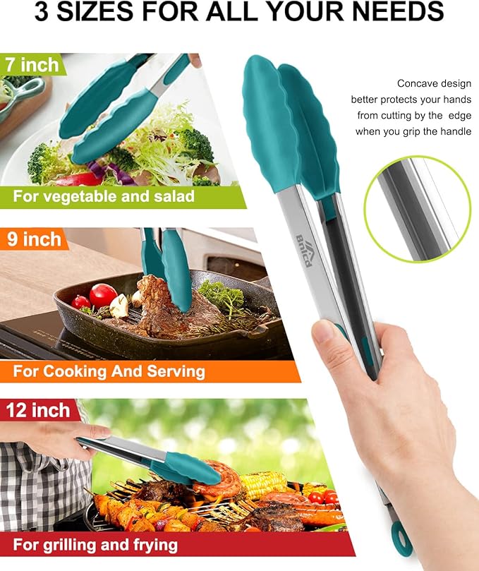 600ºF Heat Resistant Kitchen Tongs, Premium Locking Cooking Tongs with Silicone Tips, Non-Slip Food Tongs for Cooking, Non-Stick, Heavy Duty Stainless Steel Handle, Set of 3-7" 9" and 12" Aqua Sky
