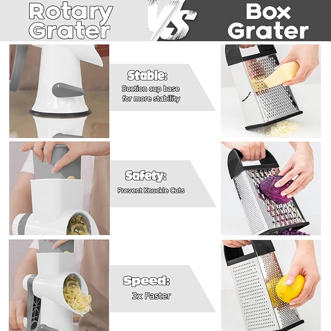 Cheese Grater MultiFunction Rotary Cheese Grater Hand Crank – Cheese Shredder Effortlessly Shred,Slice,Chop.Applicable to Cheese, Vegetables,Fruits,Nuts,Non-Slip Suction Base,Easy to Clean (white)