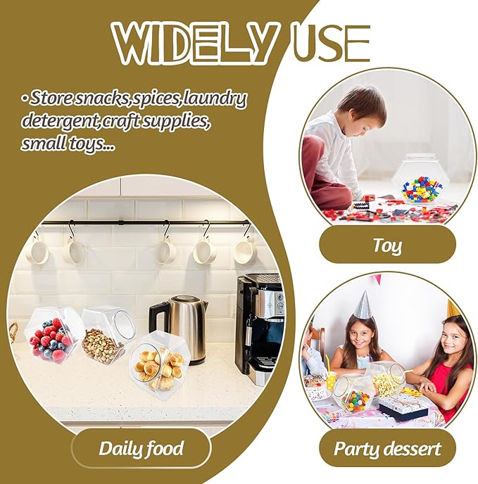 Woozettn 4 Pcs Plastic Candy Jars,71 Oz Clear Plastic Cookie Jars,Hexagonal Candy Containers with Lids for Kitchen,Dry Food,Candy,Dog Food,Cookies,Coffee Pod,Laundry Pod