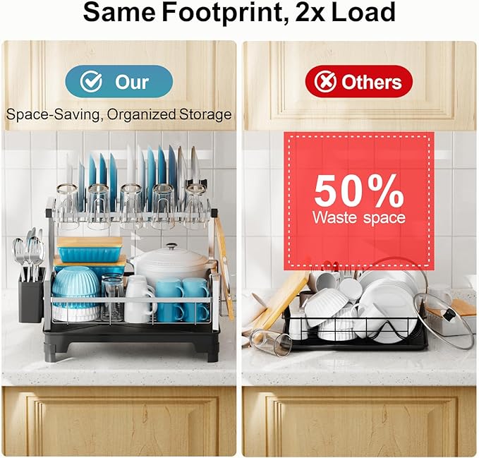 GSlife Stainless Steel Dish Drying Rack 2 Tier, Compact Dish Racks for Kitchen Counter with Cutting Board Holder, Auto-Drain Spout, Rust Proof Dish Drainer for Apartment, 21" L x 12.6" W, Silver