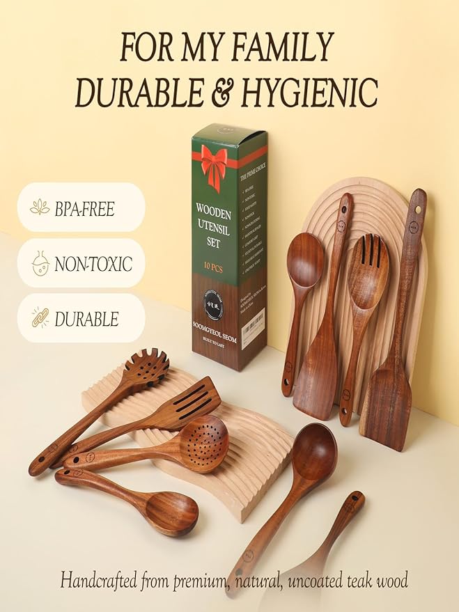 Natural Teak Wood Kitchen Utensil Set - 10 Piece Non-Stick Cooking Spoons & Spatulas, Heat Resistant & Eco-Friendly, Durable Wooden Tools for Nonstick Cookware