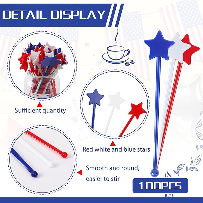 Jansun 100 Pcs 4th of July Patriotic Cocktail Stirrers, Red White and Blue Drink Stirrers Reusable Coffee Stirrers Plastic Swizzle Sticks Stir Sticks for Fourth of July Independence Day Party Supplies