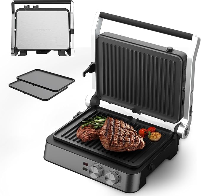 Panini Press,4 Slices Contact Grill with Removable Non-Stick Coated Grill and Flat Plates,Panini Makers with Temperature Control and Timer,Open 180 Degrees,Grill and Griddle (Silver wtih Full SUS)