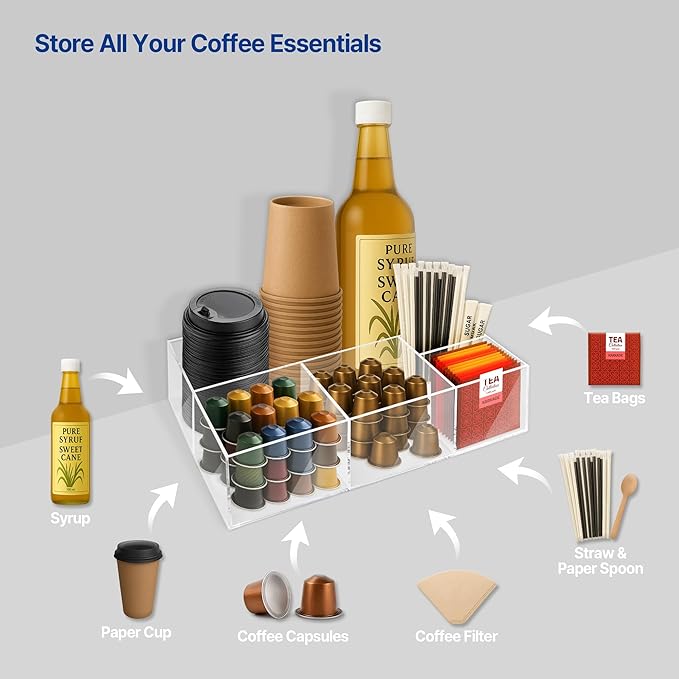 Acrylic Coffee Bar Station – Snack Tea Organizer & Storage Holder for Office Coffee Table – Perfect Countertop Setup for Syrup, Creamer, Condiment and Snack Accessories