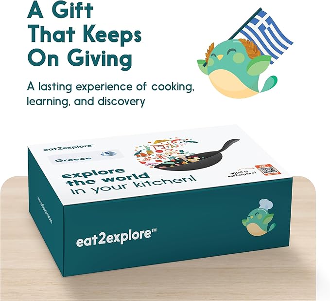 eat2explore Cooking Kits for Kids 15 Pcs – Interactive & Educational Kids Cooking Sets Real for Ages 5 and Up,3 Recipe Cards & Global Ingredients – Perfect for Families and Homeschooling (Greece)